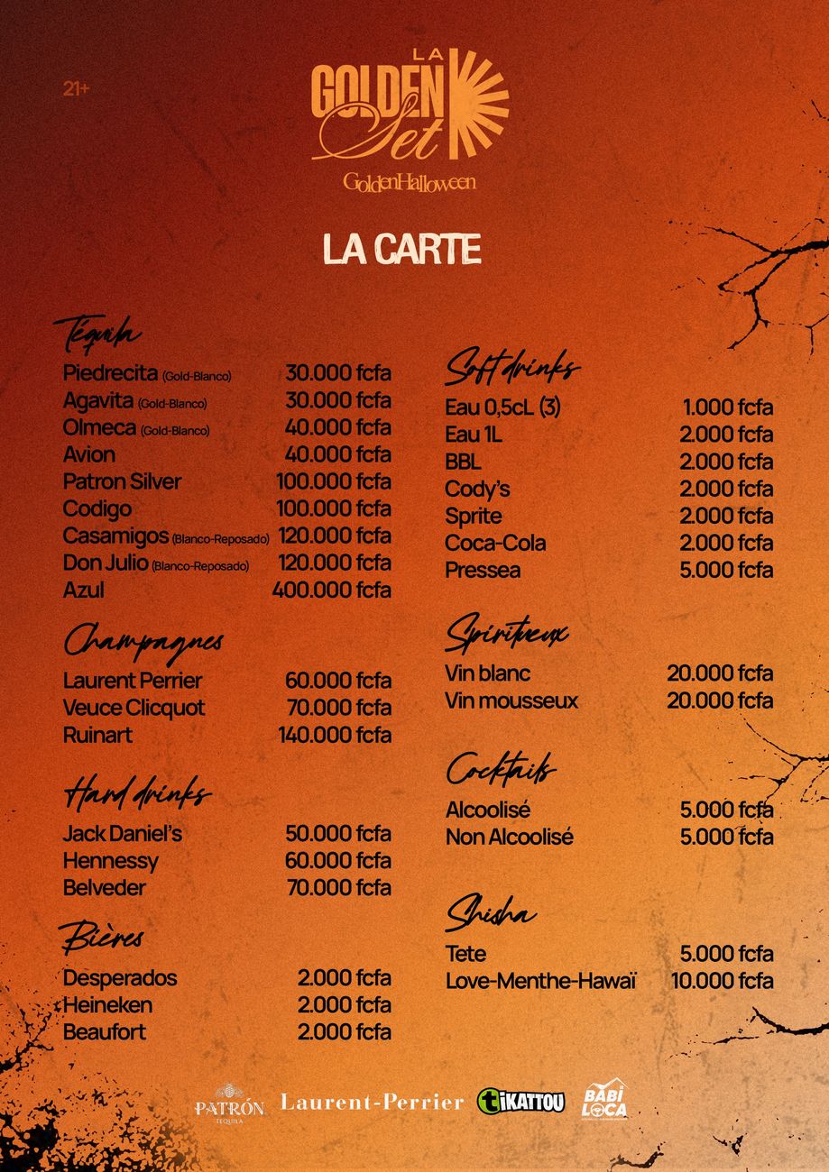 La carte des boissons de la Golden Halloween
